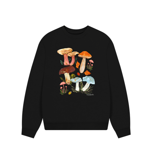 Women's oversized organic cotton mushroom sweatshirt in black with hand-illustrated woodland design