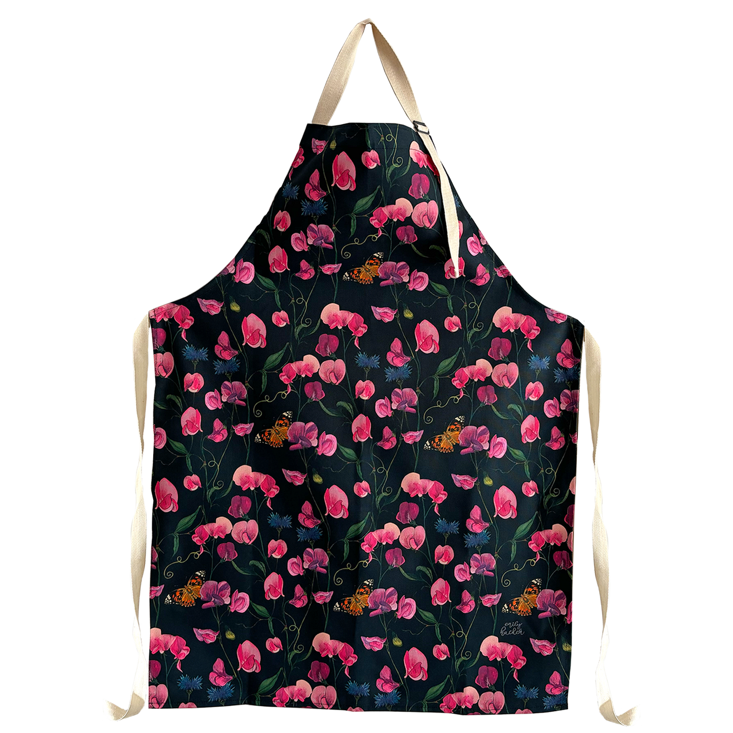 Floral everlasting sweet pea butterfly apron with a dark blue background