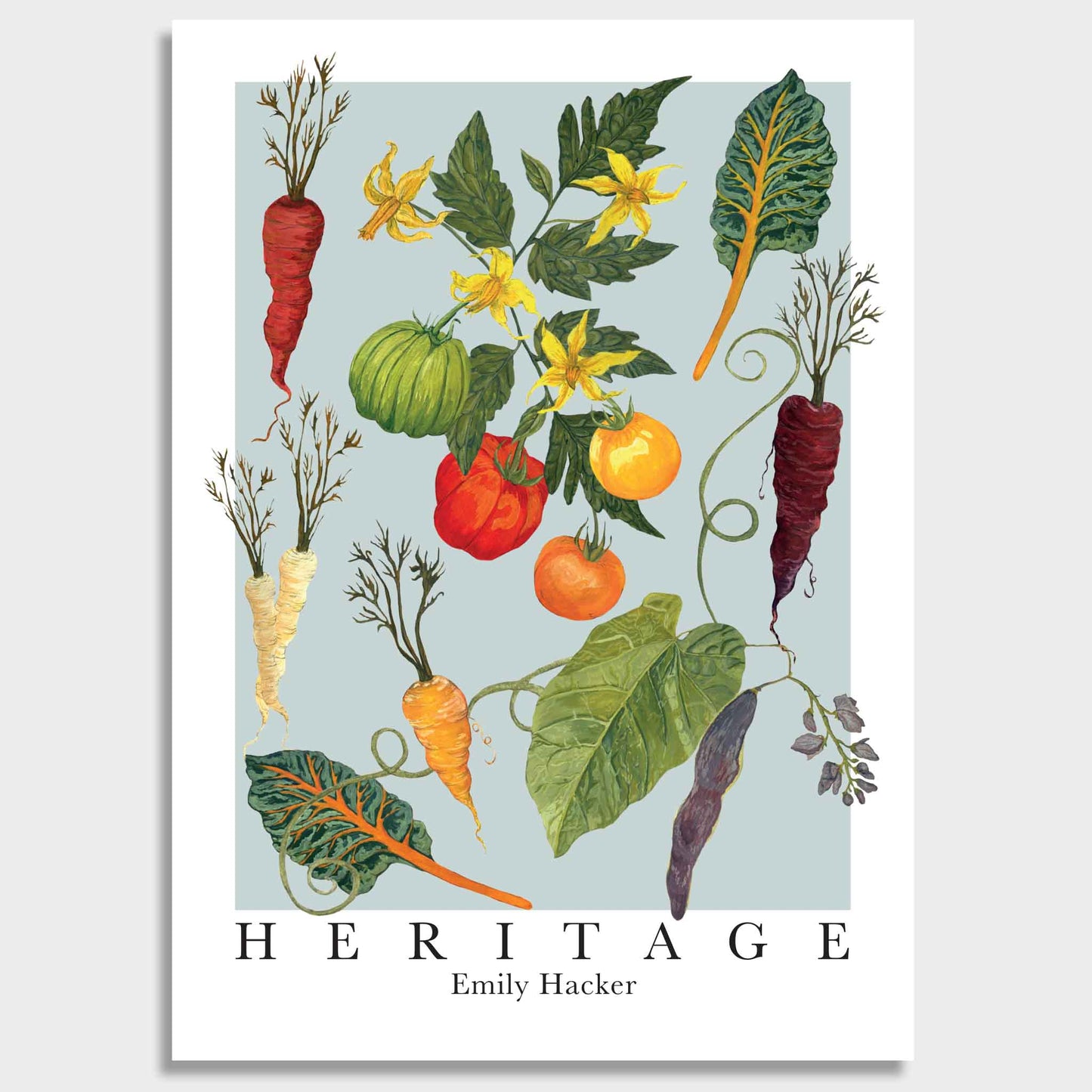 Poster art print with illustrations of vegetables and flowers on a light blue background, featuring the text 'Heritage' and 'Emily Hacker'.
