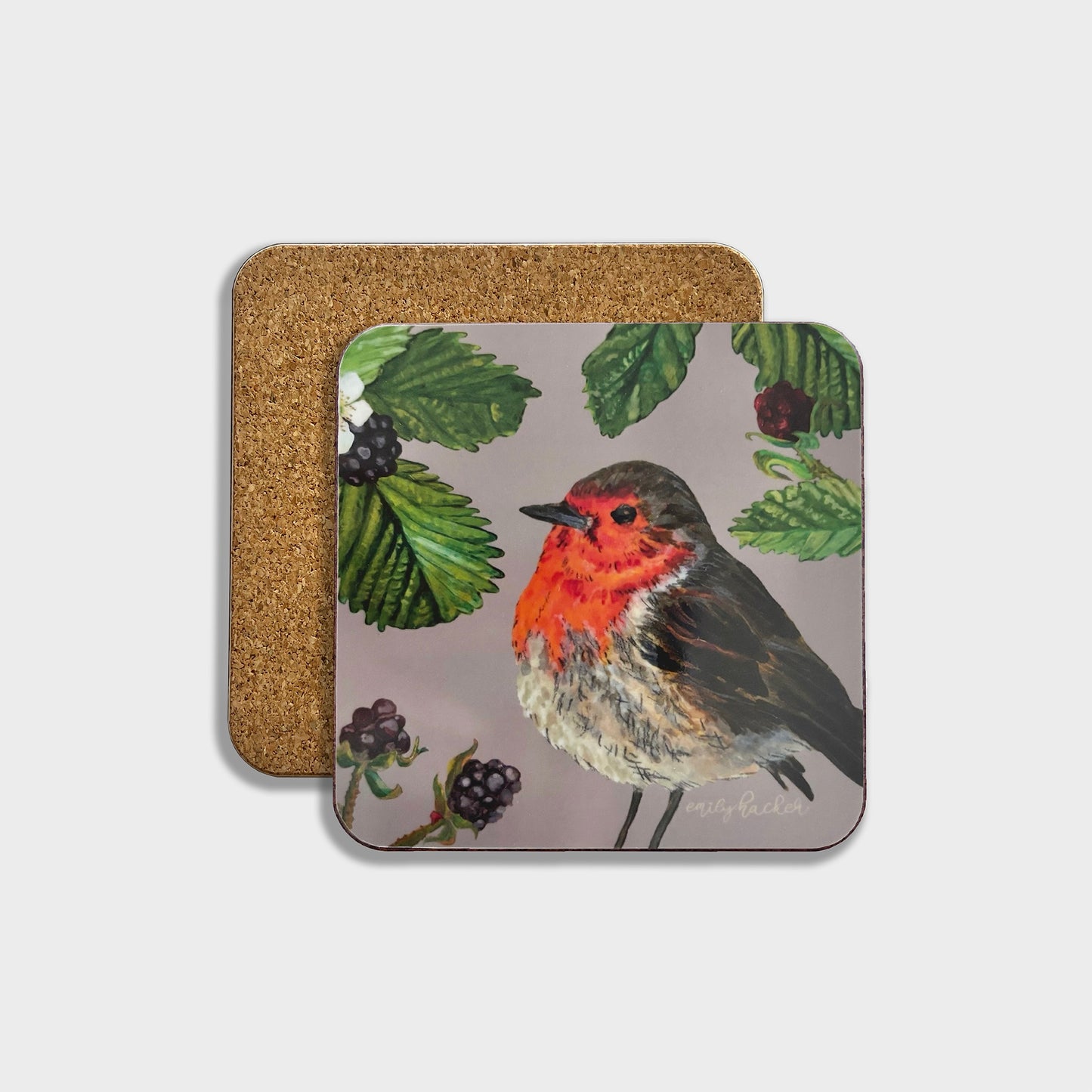 A square coaster featuring a hand-illustrated robin bird amidst blackberry leaves and berries, with a cork backing.