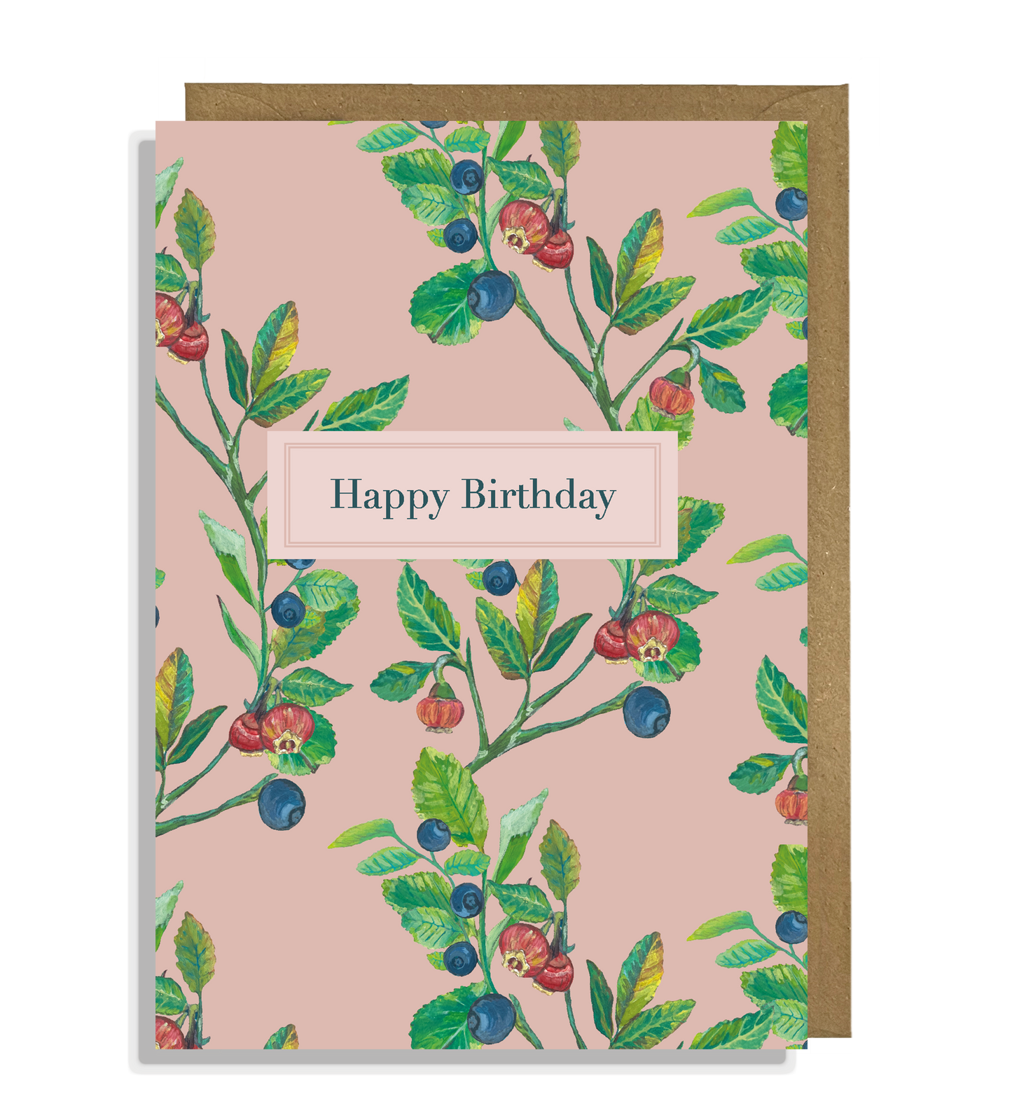 A Bilberry Happy Birthday card with hand painted illustrations of bilberry fruit, flowers and leaves on a pink background, with a Happy Birthday message.