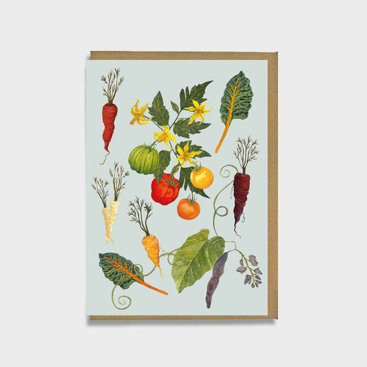 Greeting card with colorful illustrations of vegetables on a light blue background