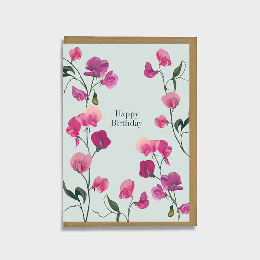 Greeting card with pink flowers and 'Happy Birthday' text on a light blue background
