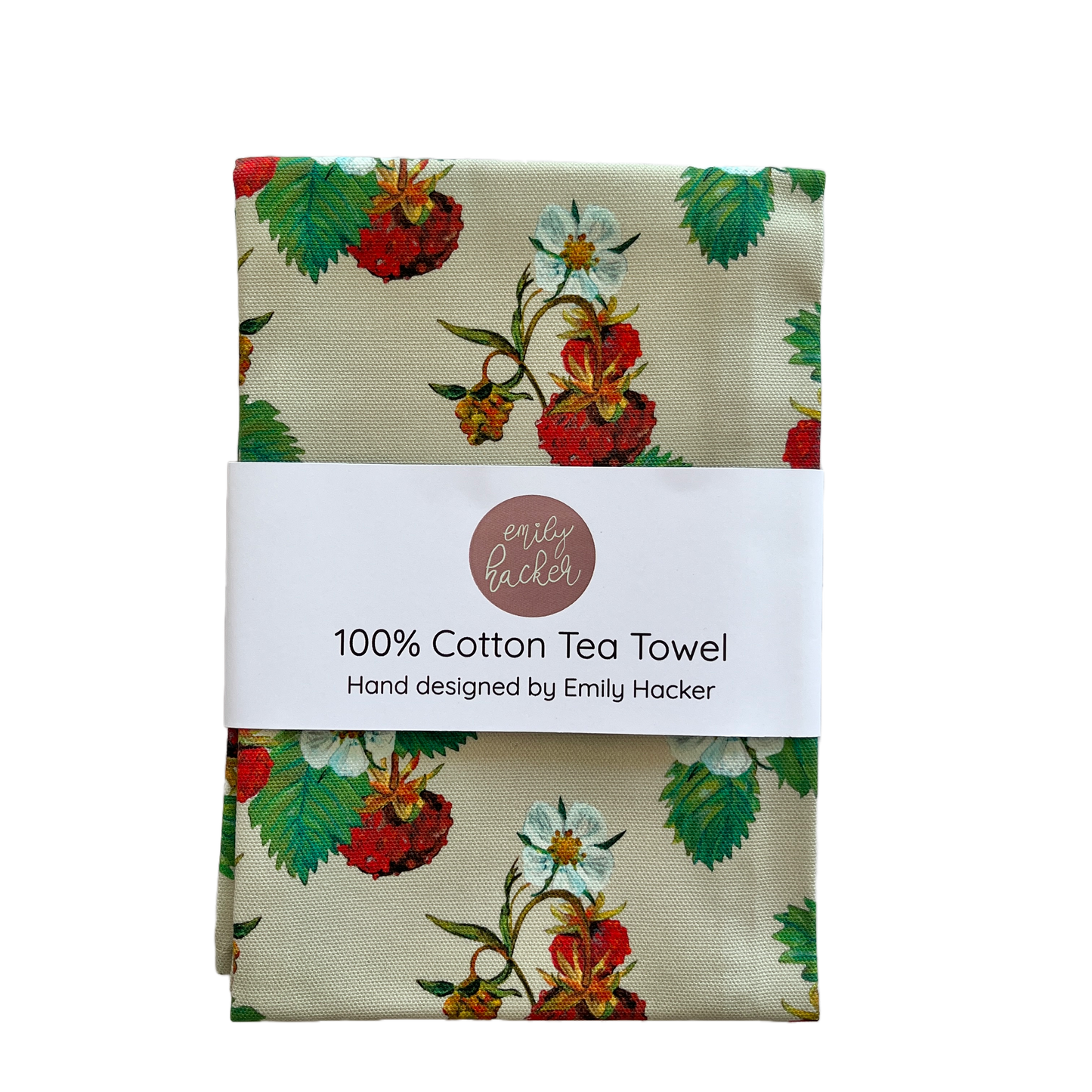 Wild strawberry tea towel in branded Emily Hacker paper belly band