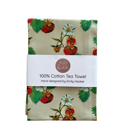 Wild strawberry tea towel in branded Emily Hacker paper belly band