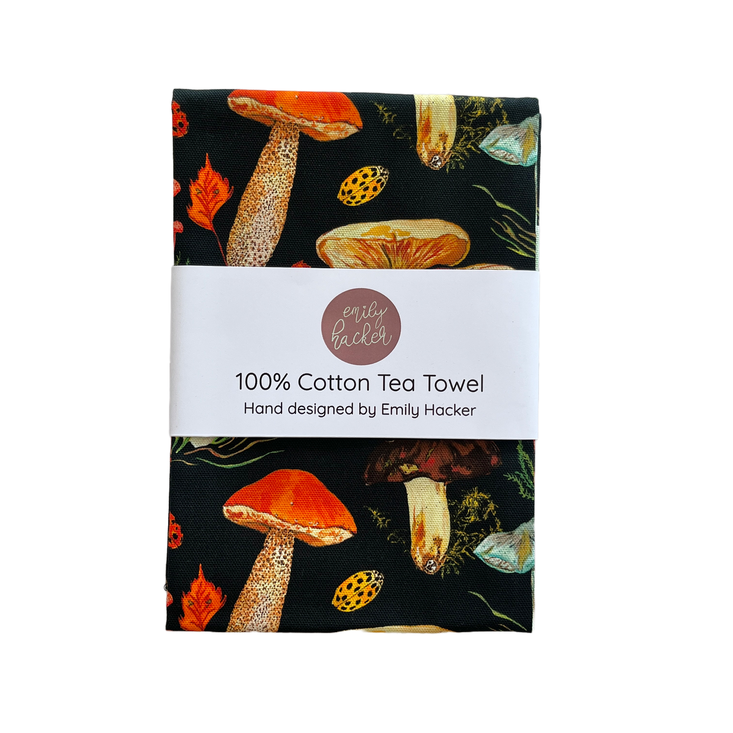 Mushroom tea towel in branded paper belly band