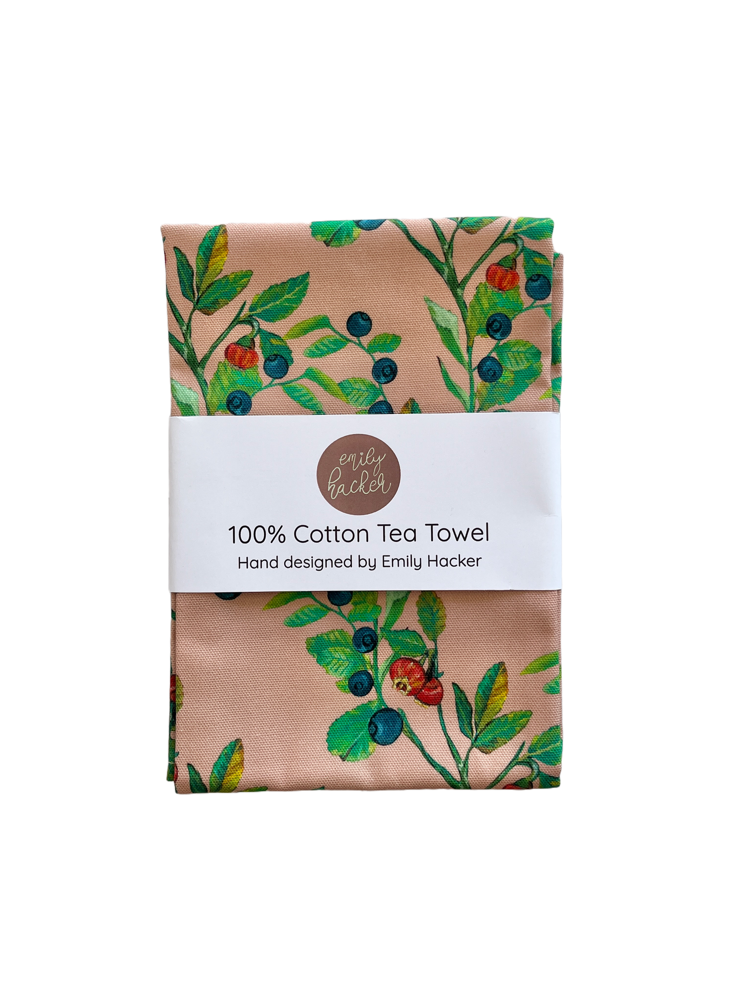 100% cotton tea towel with hand painted bilberry botanical design wrapped in Emily Hacker branded paper belly band