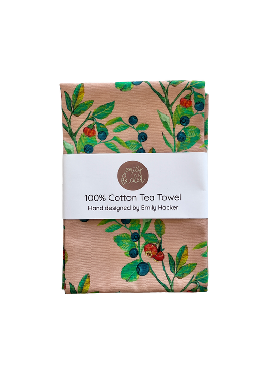 100% cotton tea towel with hand painted bilberry botanical design wrapped in Emily Hacker branded paper belly band