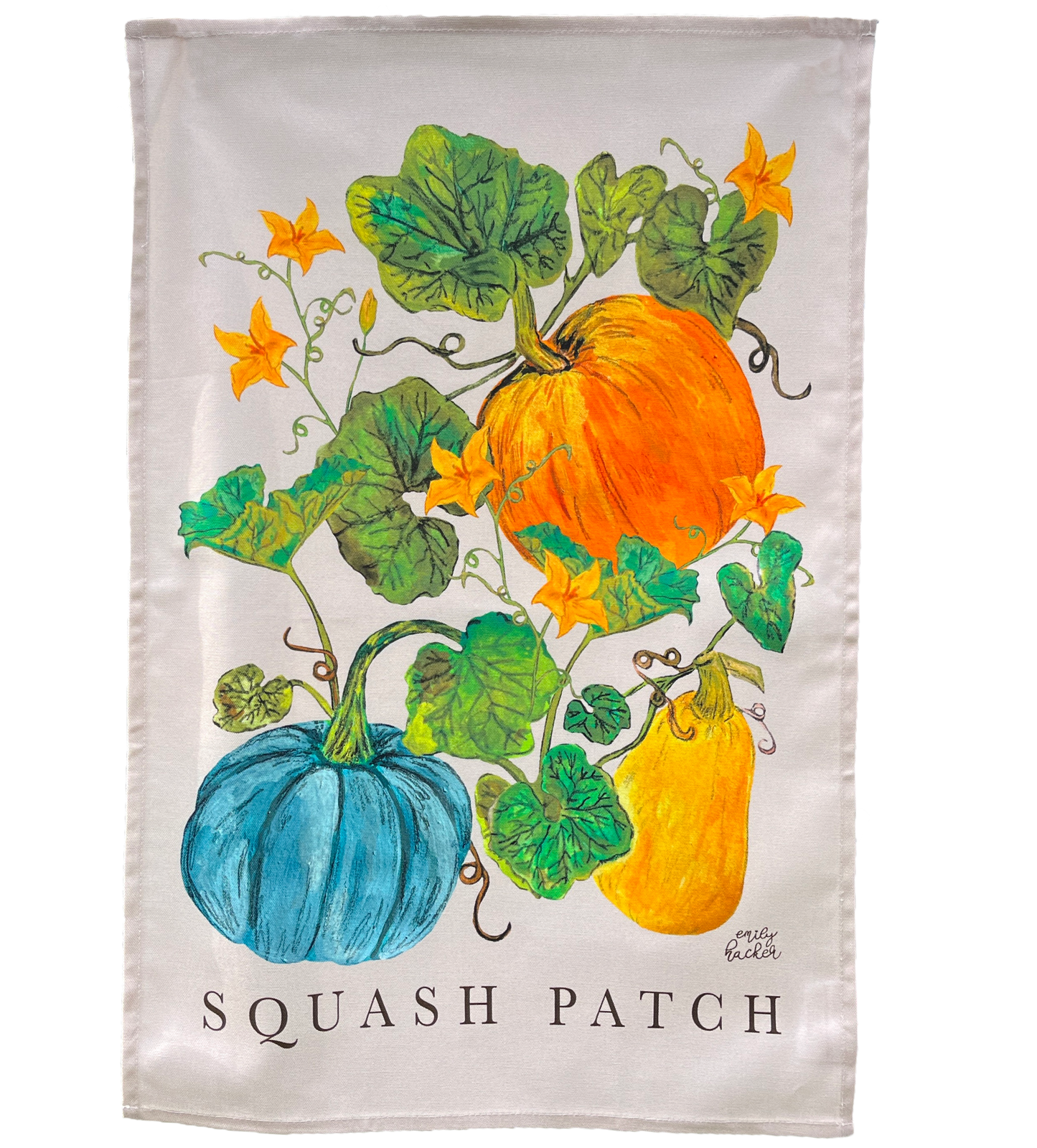 A cotton tea towel with hand painted illustrations of various pumpkins and squash, along with the text 'SQUASH PATCH' at the bottom.