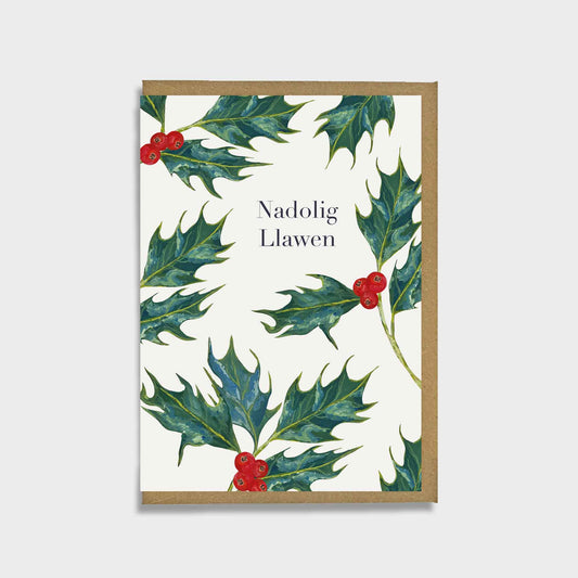 Welsh Nadolig Llawen card with hand illustrated red Holly berry and green Holly leaves