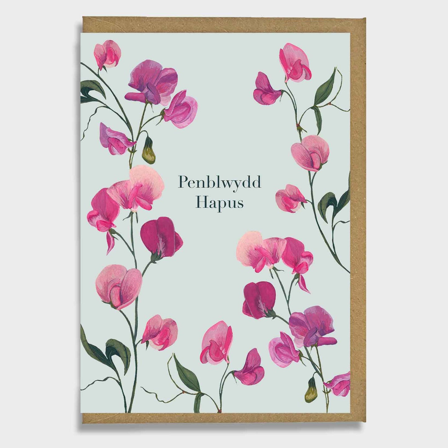 Greeting card with pink flowers and 'Penblwydd Hapus' text on a light blue background