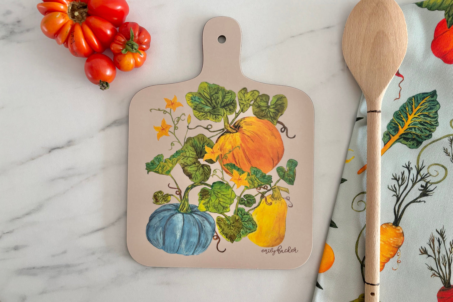 Melamine chopping board featuring hand painted pumpkin and squash illustrations
