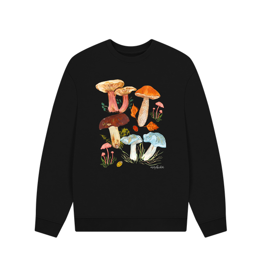 Men's oversized organic cotton mushroom sweatshirt in black with hand-illustrated woodland design