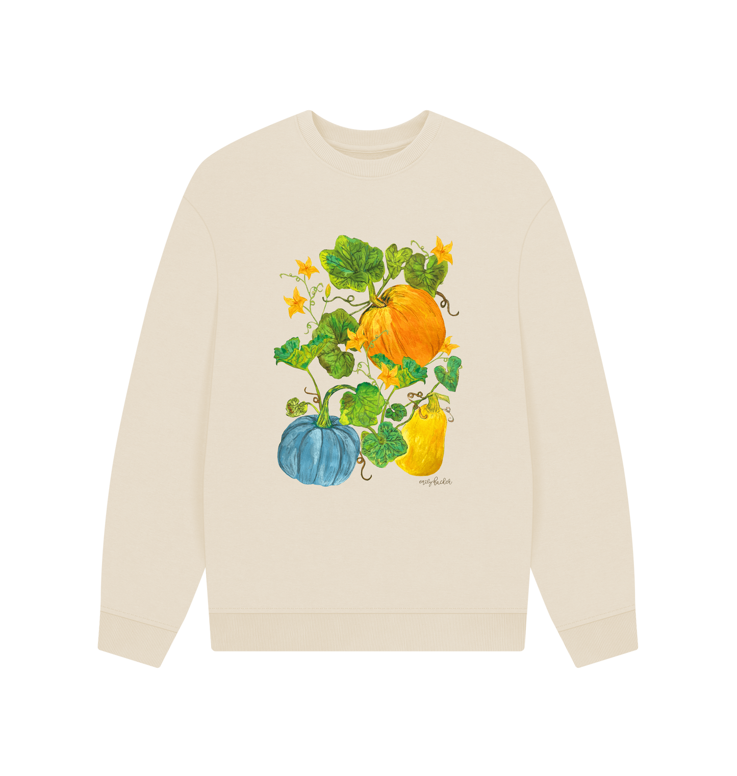 Men's oversized organic cotton squash patch sweatshirt in oat with hand-illustrated autumn design