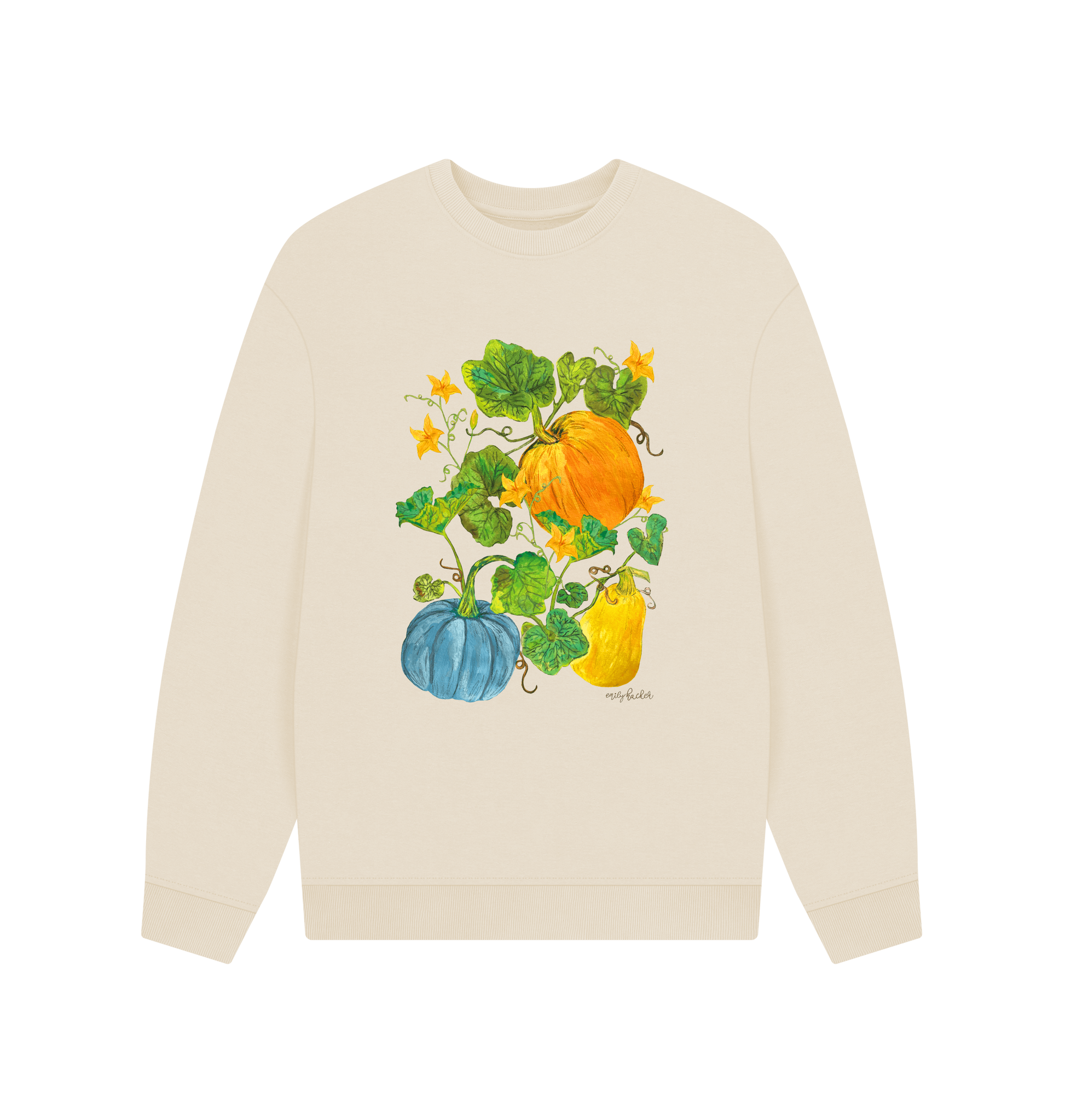 Men's oversized organic cotton squash patch sweatshirt in oat with hand-illustrated autumn design