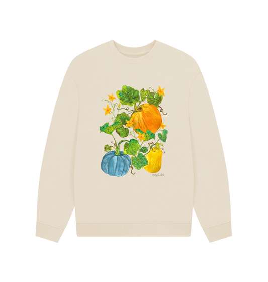 Men's oversized organic cotton squash patch sweatshirt in oat with hand-illustrated autumn design