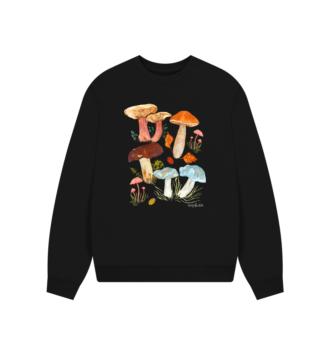 Women's oversized organic cotton mushroom sweatshirt in black with hand-illustrated woodland design