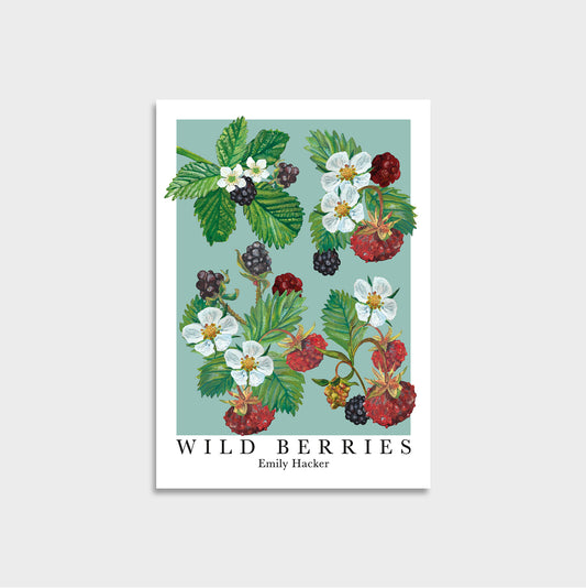 A mini botanical art print titled 'WILD BERRIES' by Emily Hacker, featuring detailed illustrations of berries and flowers on a light teal background with a white border, displayed against a neutral light gray background.