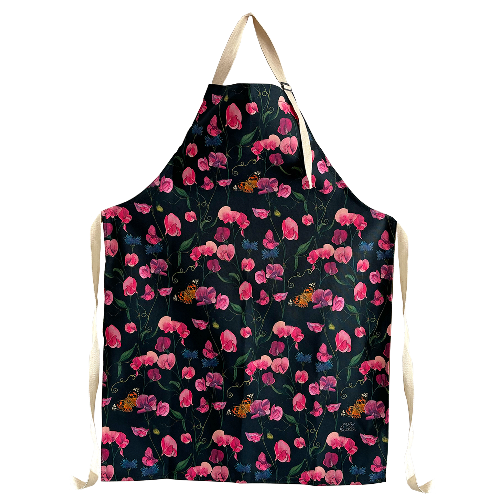 Floral everlasting sweet pea butterfly apron with a dark blue background 