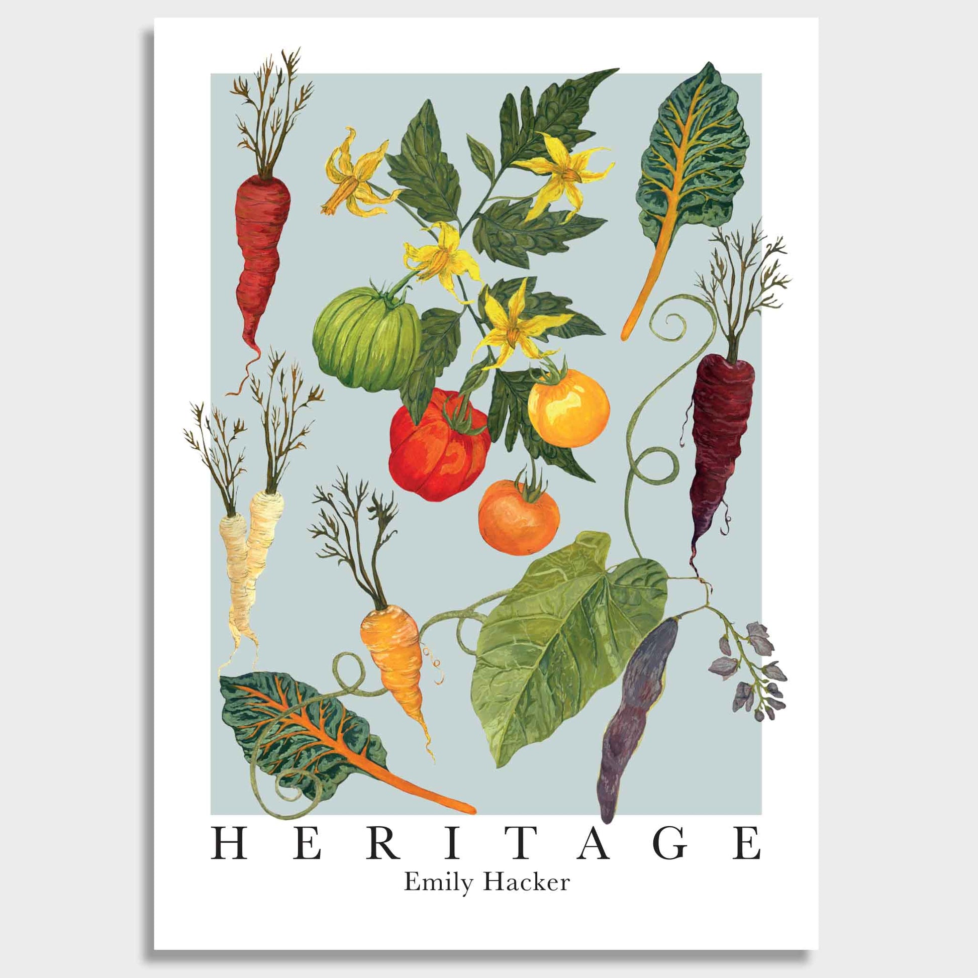 Poster art print with illustrations of vegetables and flowers on a light blue background, featuring the text 'Heritage' and 'Emily Hacker'.