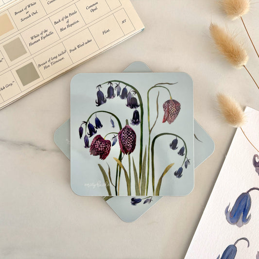 Bluebell  hand illustrated Coaster with floral wildflower design on a light surface