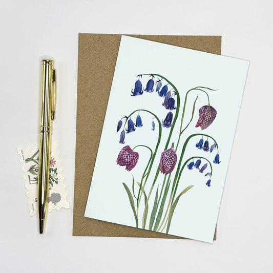 Native bluebell Greeting card with floral snake head fritillies and English bluebells design on a white background