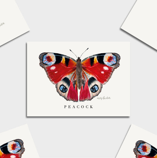 A British butterfly art print featuring a detailed illustration of a peacock butterfly with red, orange, black, blue, and white wing patterns, centered on a light gray background with partial matching prints around the edges.
