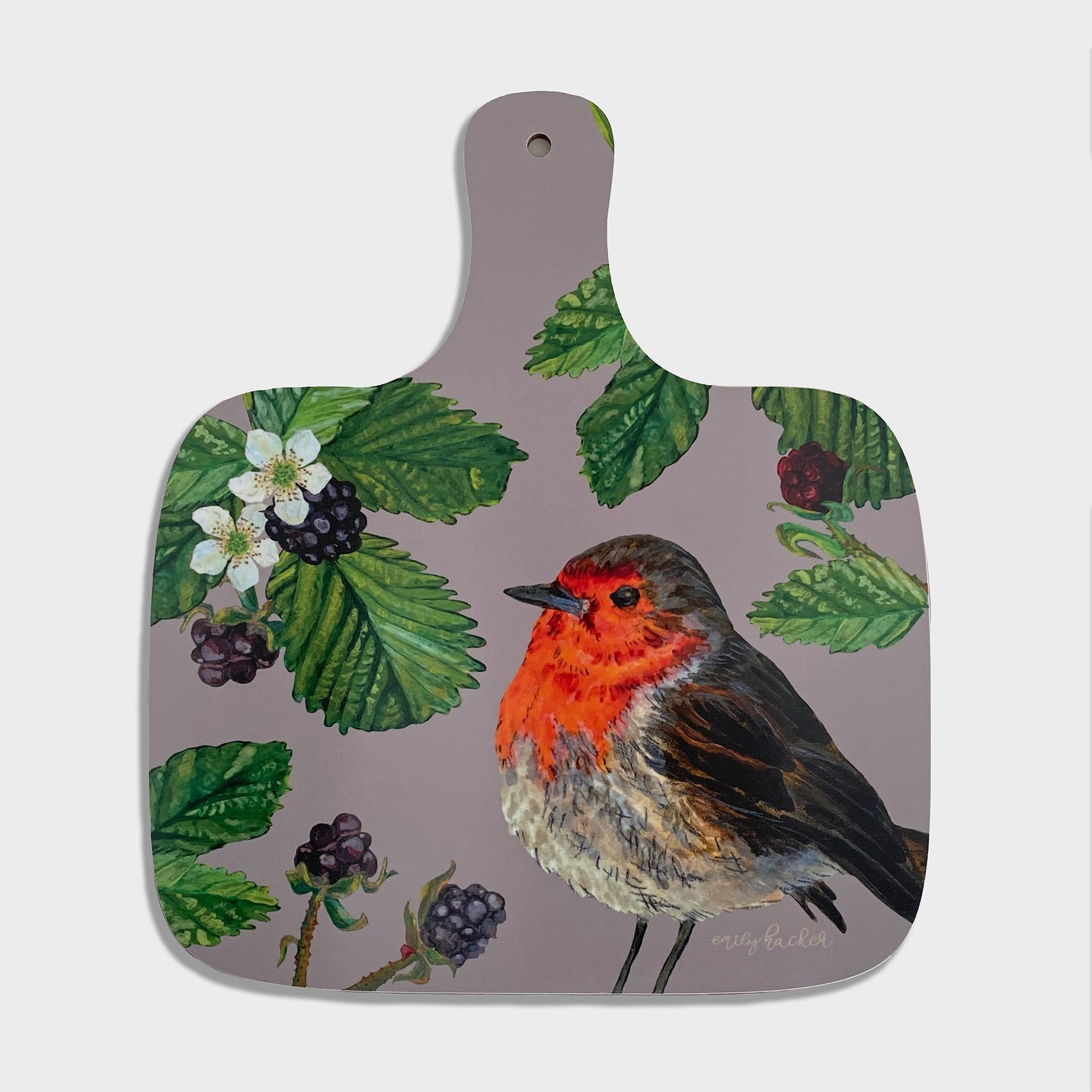 A medium-sized chopping board with a hand-painted illustration of a robin bird and blackberries on a grey background.