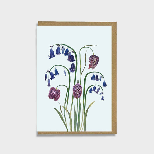 British bluebell greeting. Card featuring British wildflowers English bluebell and snakehead fritillary flowers on a white background
