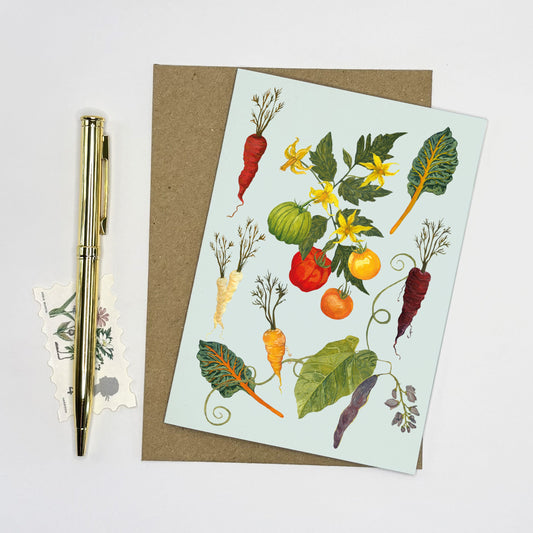 Allotment Greeting card with hand painted vegetable illustrations on a white background