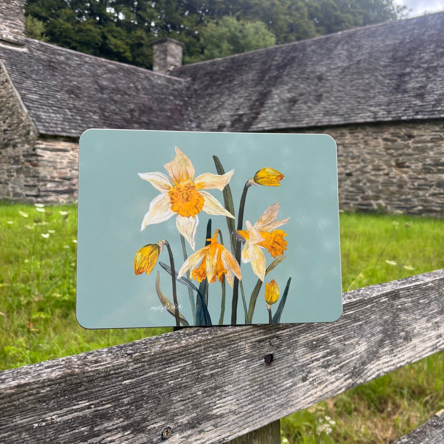 Placemat with floral design and light blue background on a wooden fence next to a rural Welsh rustic barn 