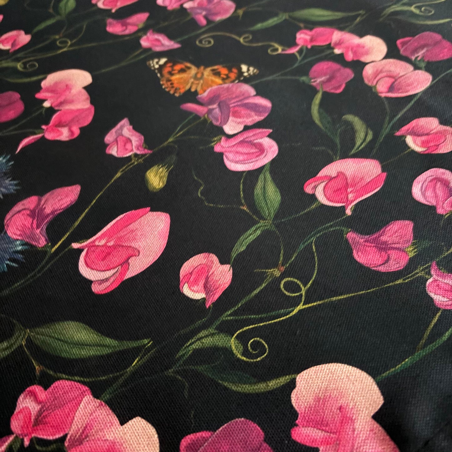 Everlasting pink Sweet pea and blue cornflower pattern on a blue background 100% cotton tea towel