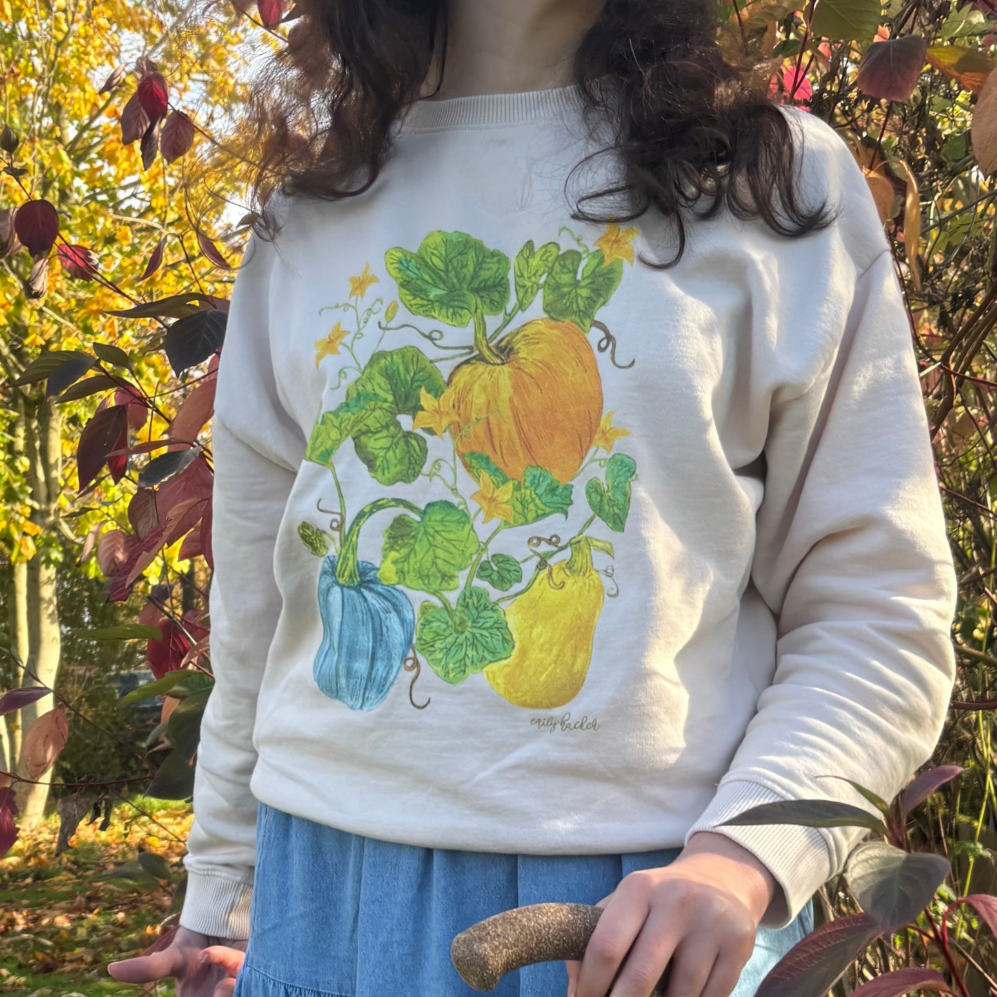 Sweatshirt with pumpkin illustrations. It features orange blue and yellow squash pumpkins and gourds as well as squash flowers. The model is wearing the jumper outside by a tree that as purple leaves.
