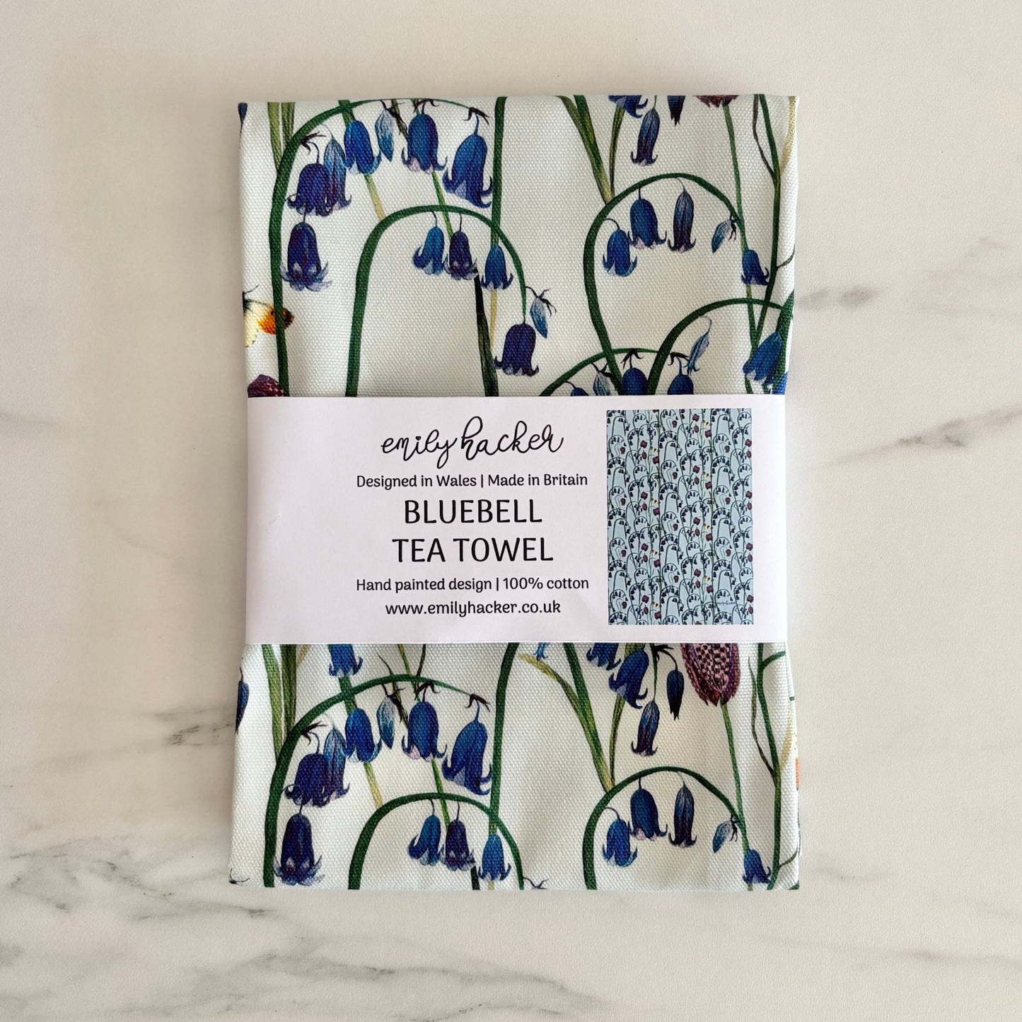 Bluebell cotton tea towel packaged in a paper bellyband 