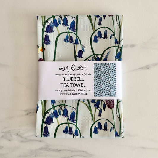 Bluebell cotton tea towel packaged in a paper bellyband 
