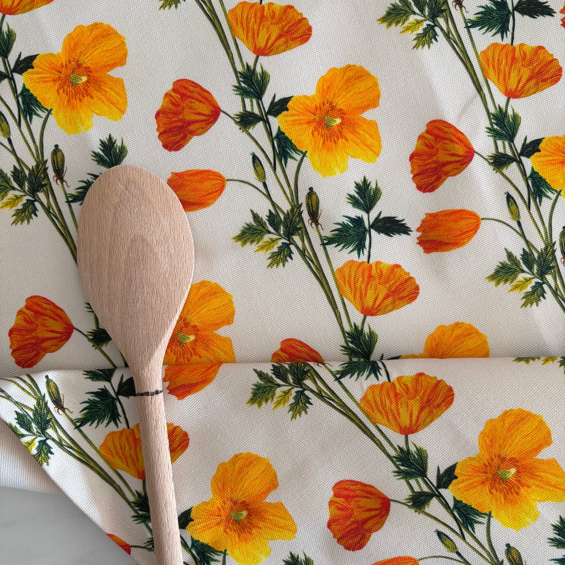 Orange poppy hand illustrated tea towel made from pure cotton