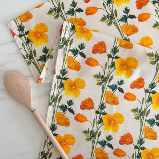 Spring poppy tea towel featuring hand painted floral illustrations on pure cotton