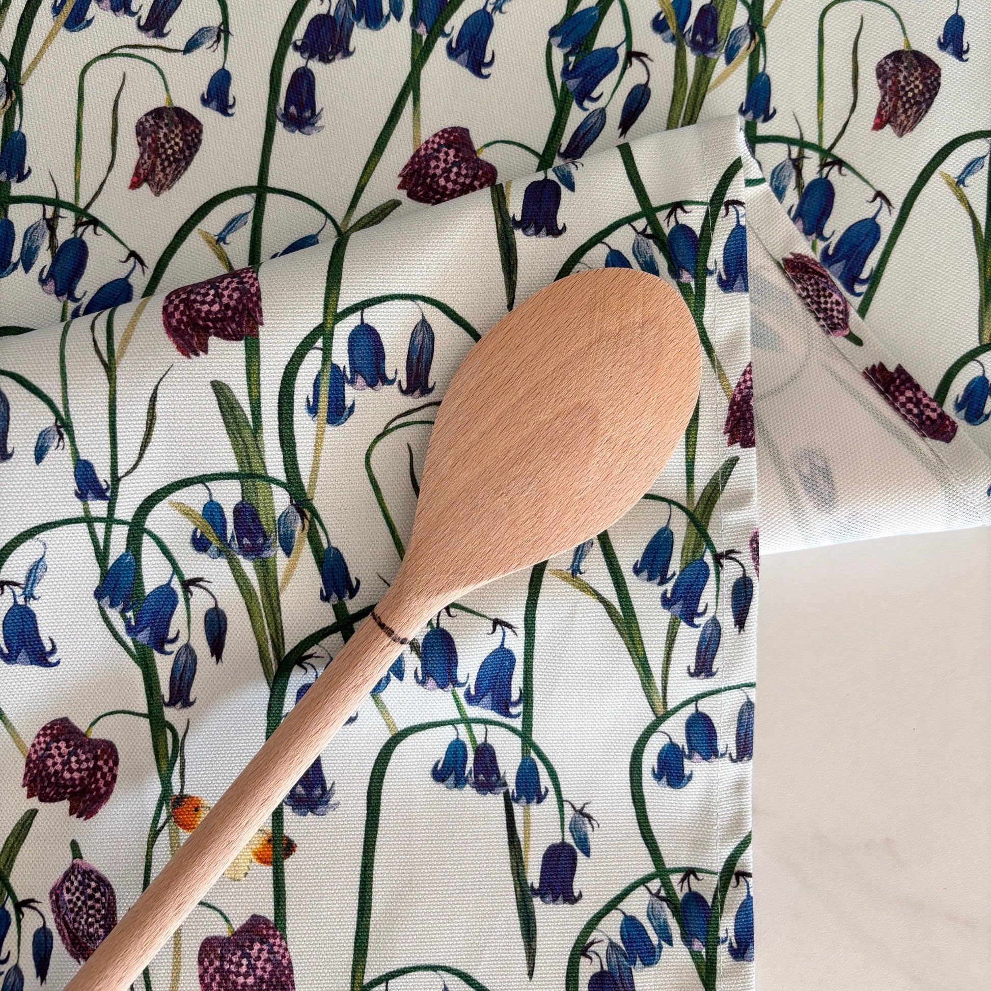 Hand painted snake head fritillary flower and bluebell woodland design on a pure cotton tea towel
