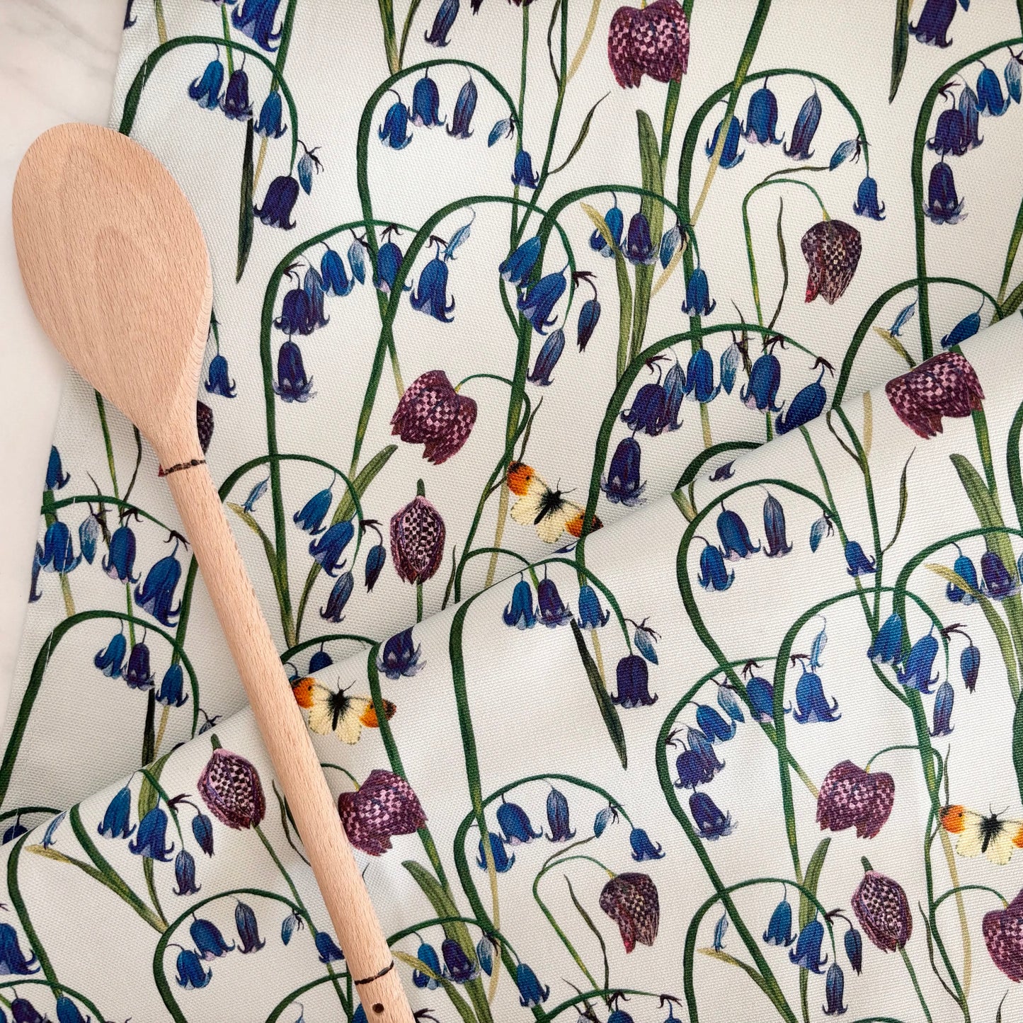 Bluebell woodland patterned pure cotton tea towel hand designed in wales