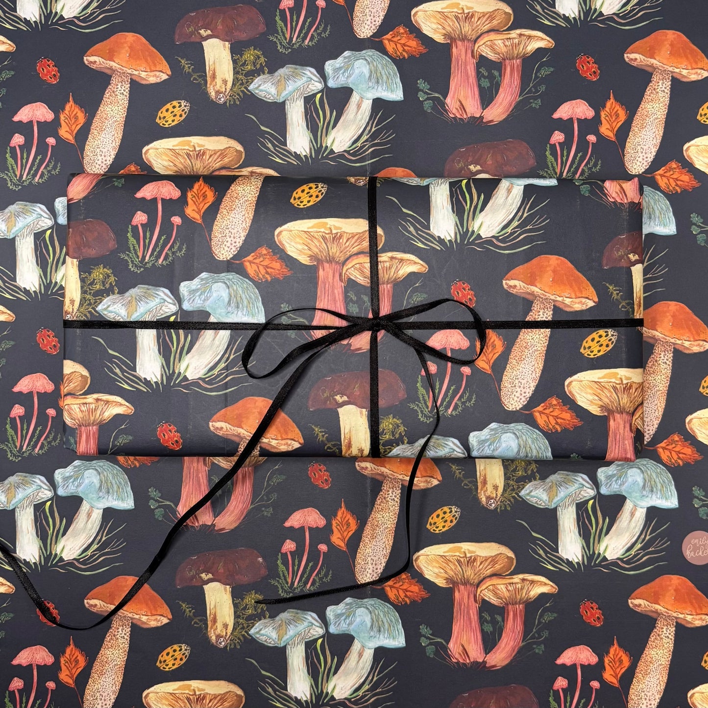 Woodland mushroom Gift wrap with bolete and blewitt mushroom in a dark pattern pattern which decorates the eco friendly wrapping paper