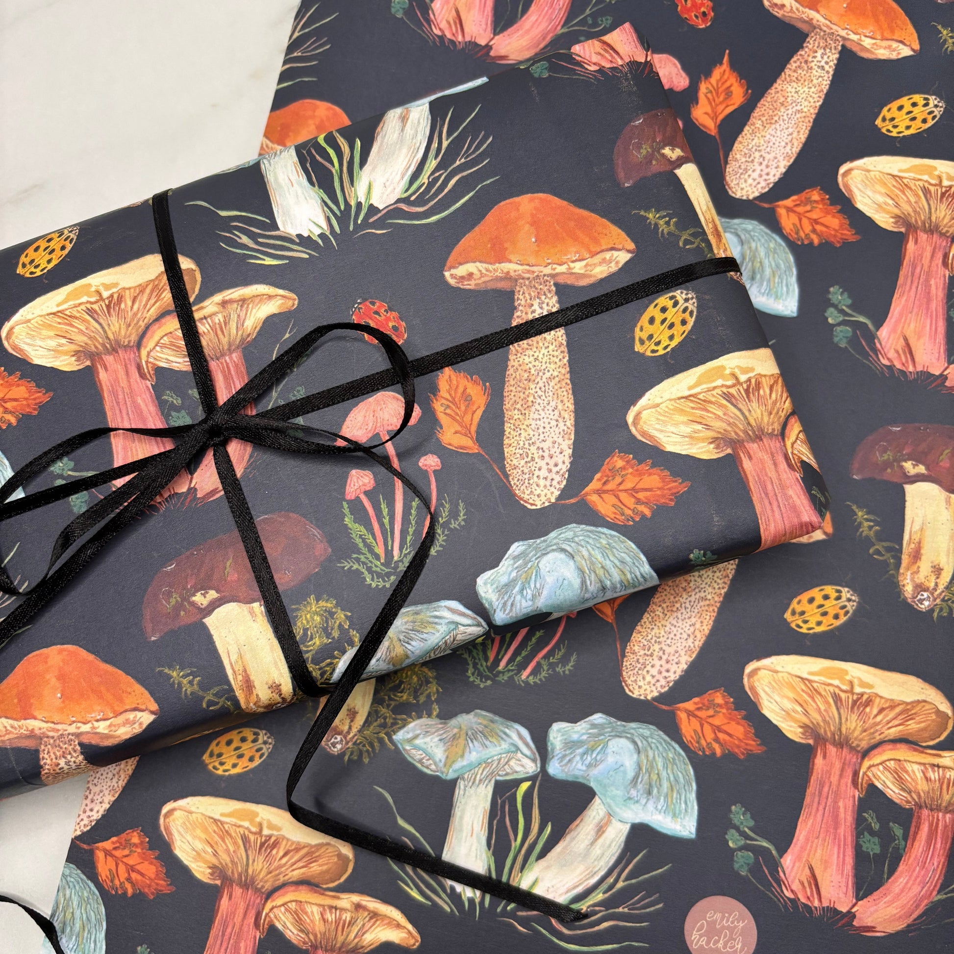 Woodland fungi Gift wrap featuring  hand painted mushroom illustrations with a black ribbon.