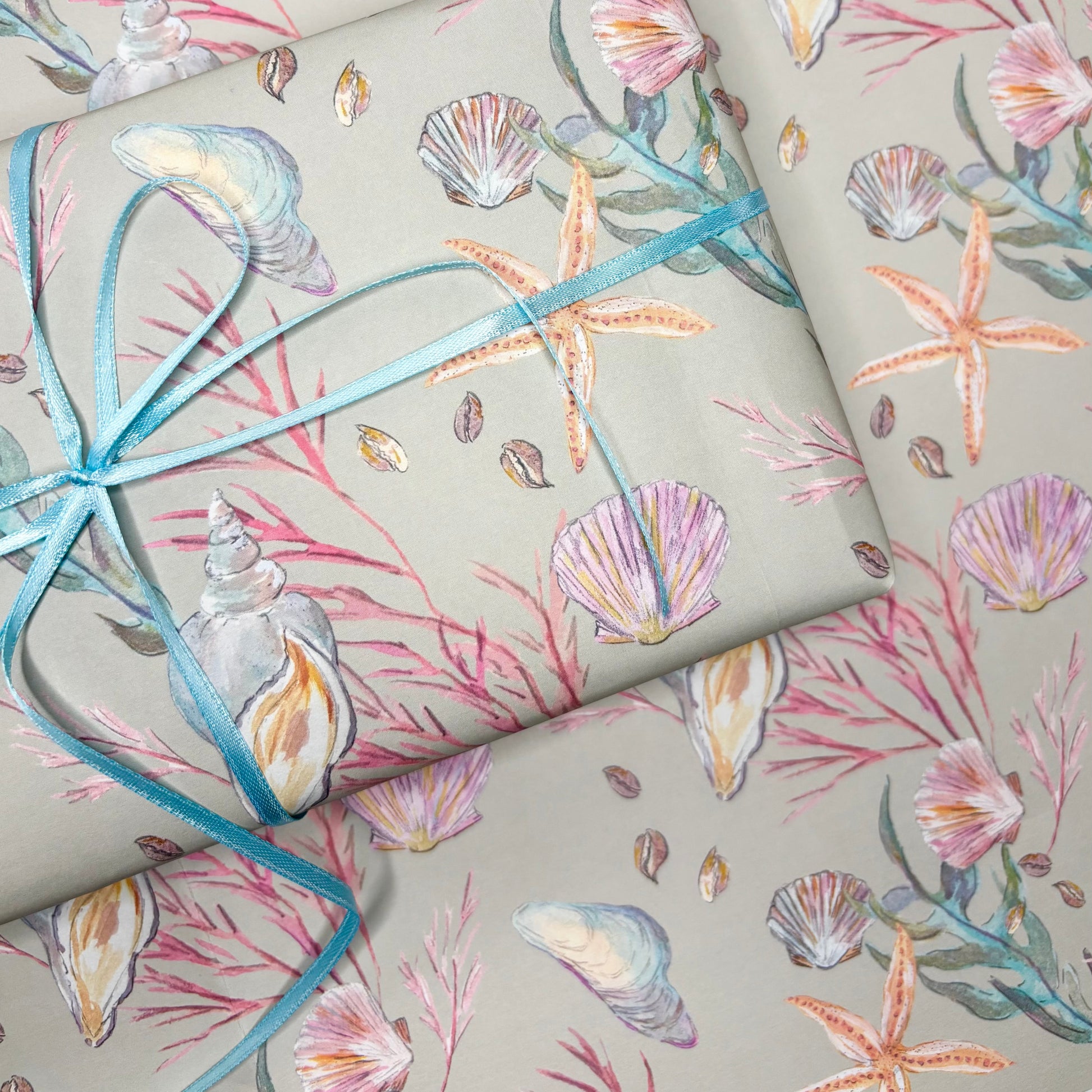 Hand illlustrated Seashell and starfish patterned wrapping paper with blue ribbon