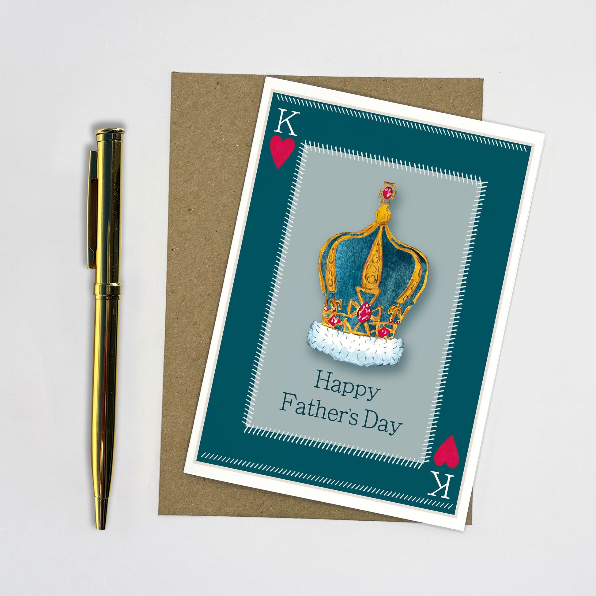Father’s Day card with hans painted king of hearts design and 'Happy Father's Day' text on a white background.
