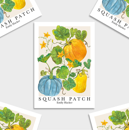 A mini art print featuring a watercolor-style illustration of pumpkins and squash with green leaves and yellow flowers, titled 'SQUASH PATCH' by Emily Hacker. The print is centered on a light gray background with partial duplicate views of the same print arranged around it.