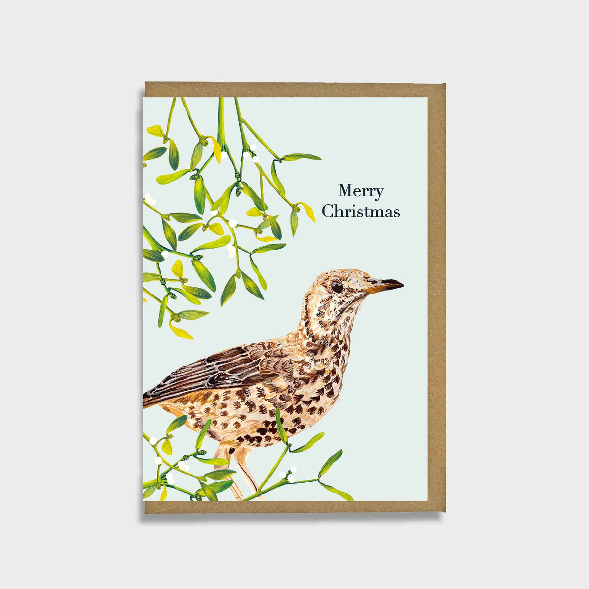 A Christmas greeting card featuring a watercolor illustration of a bird perched among mistletoe, with the text 'Merry Christmas' on a pale blue background, shown with a brown kraft envelope against a light gray backdrop.