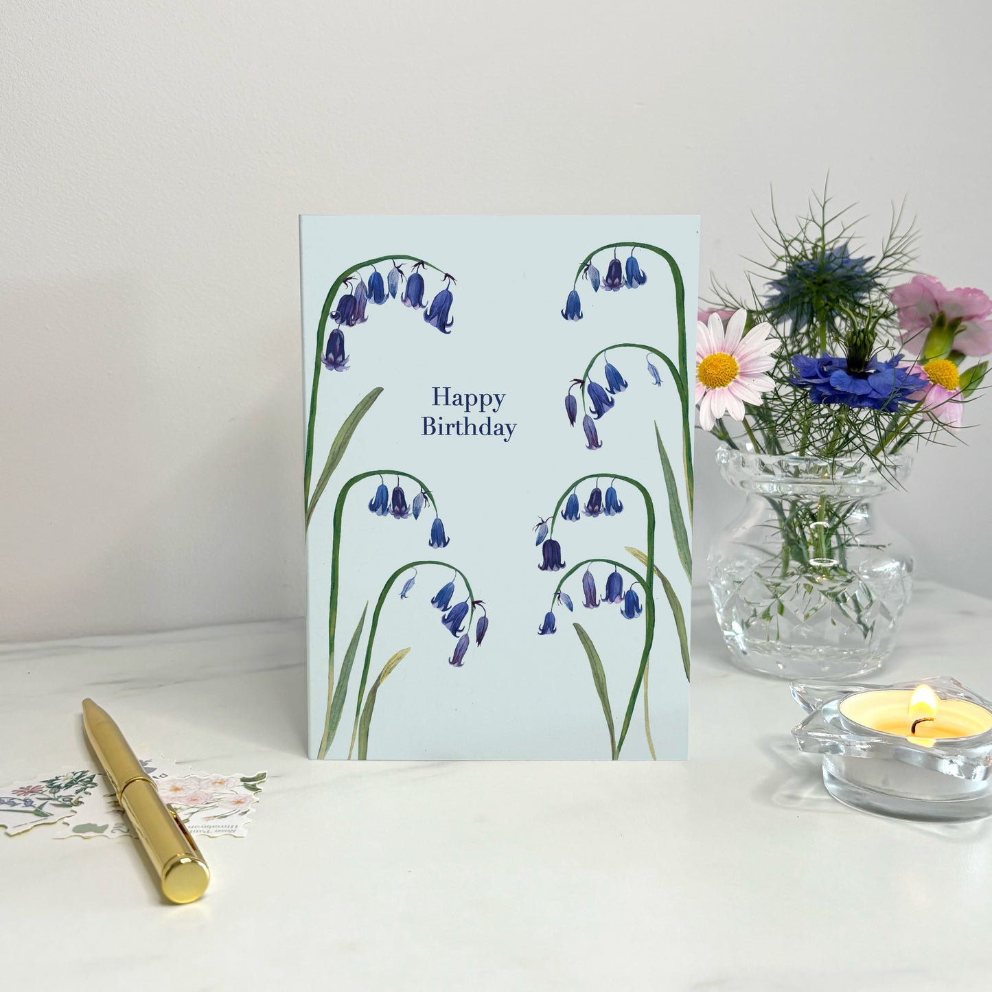 Native bluebell happy birthday greeting card with British wildflower illustrations 