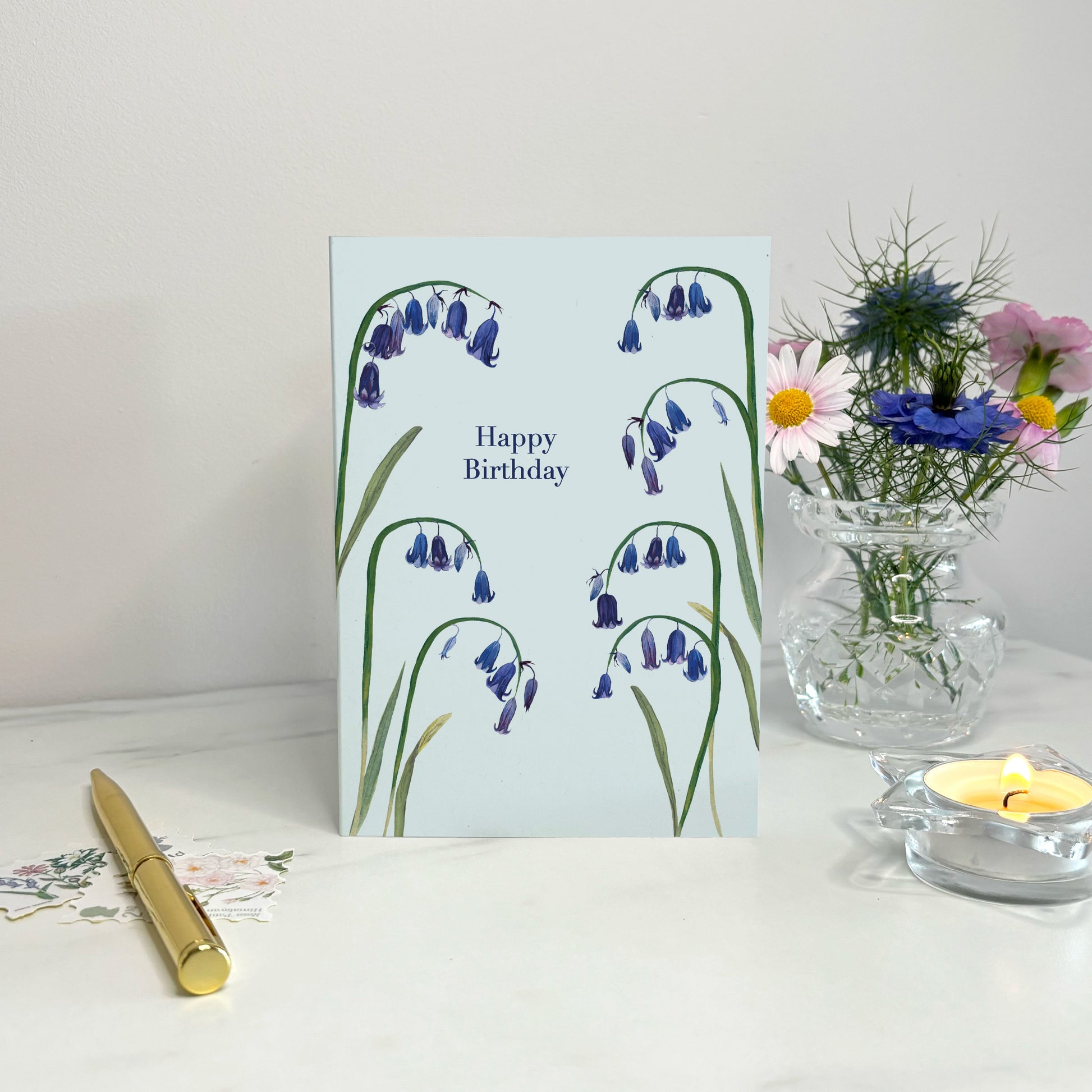 Native bluebell happy birthday greeting card with British wildflower illustrations 