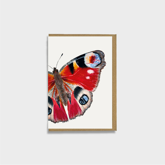 Red peacock butterfly hand illustration on a recycled cardstock greeting card