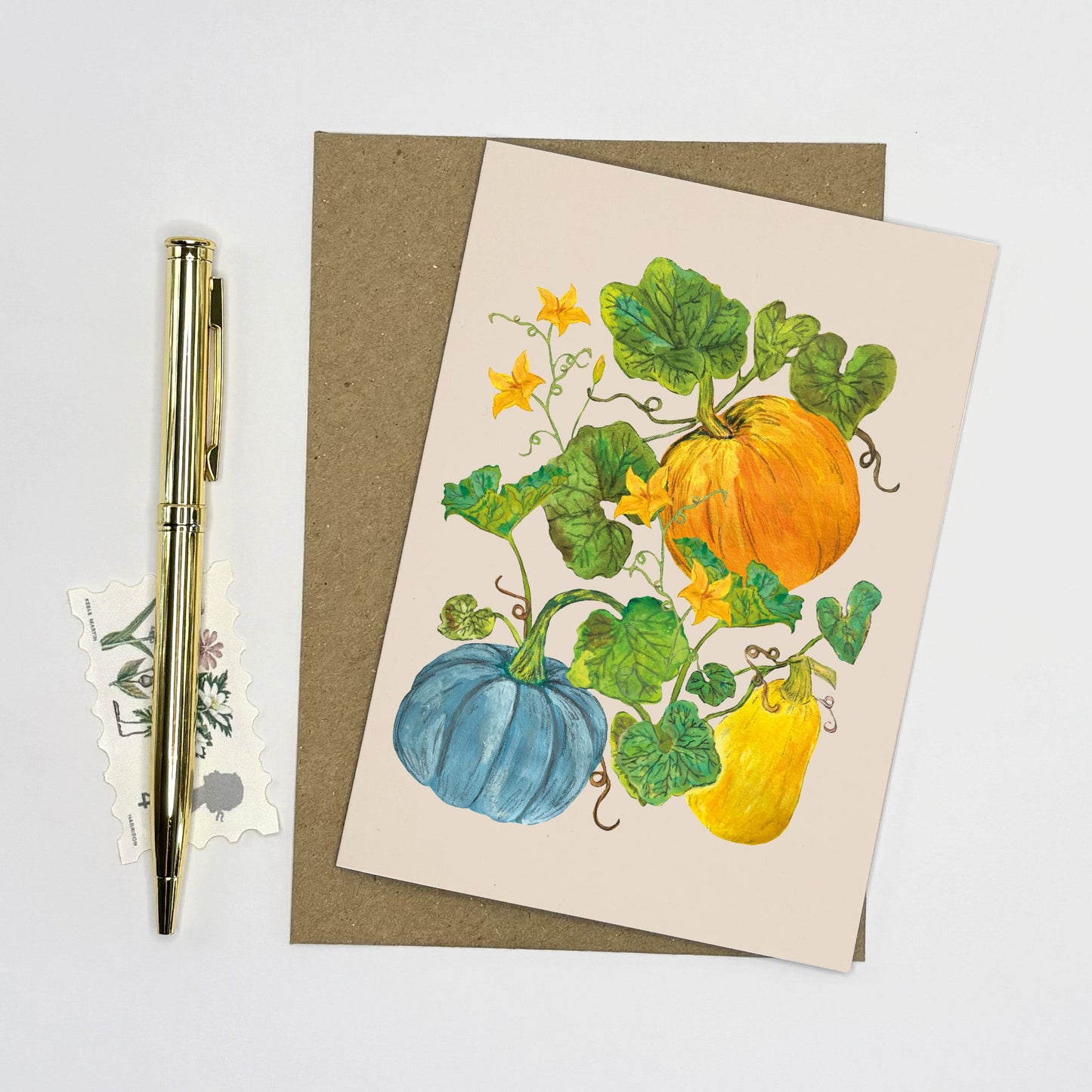 Autumn Pumpkin Greeting card with hand illustrated pumpkins and gourds design on a white background