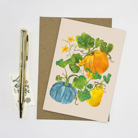 Autumn Pumpkin Greeting card with hand illustrated pumpkins and gourds design on a white background